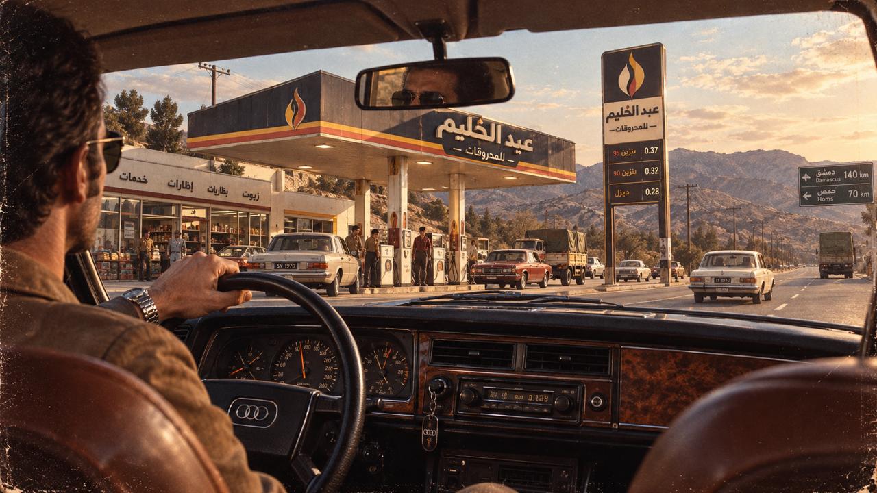 لقطة كلاسيكية من داخل سيارة متجهة نحو كازية عبد الحليم للمحروقات وشاخصة دمشق حمص
